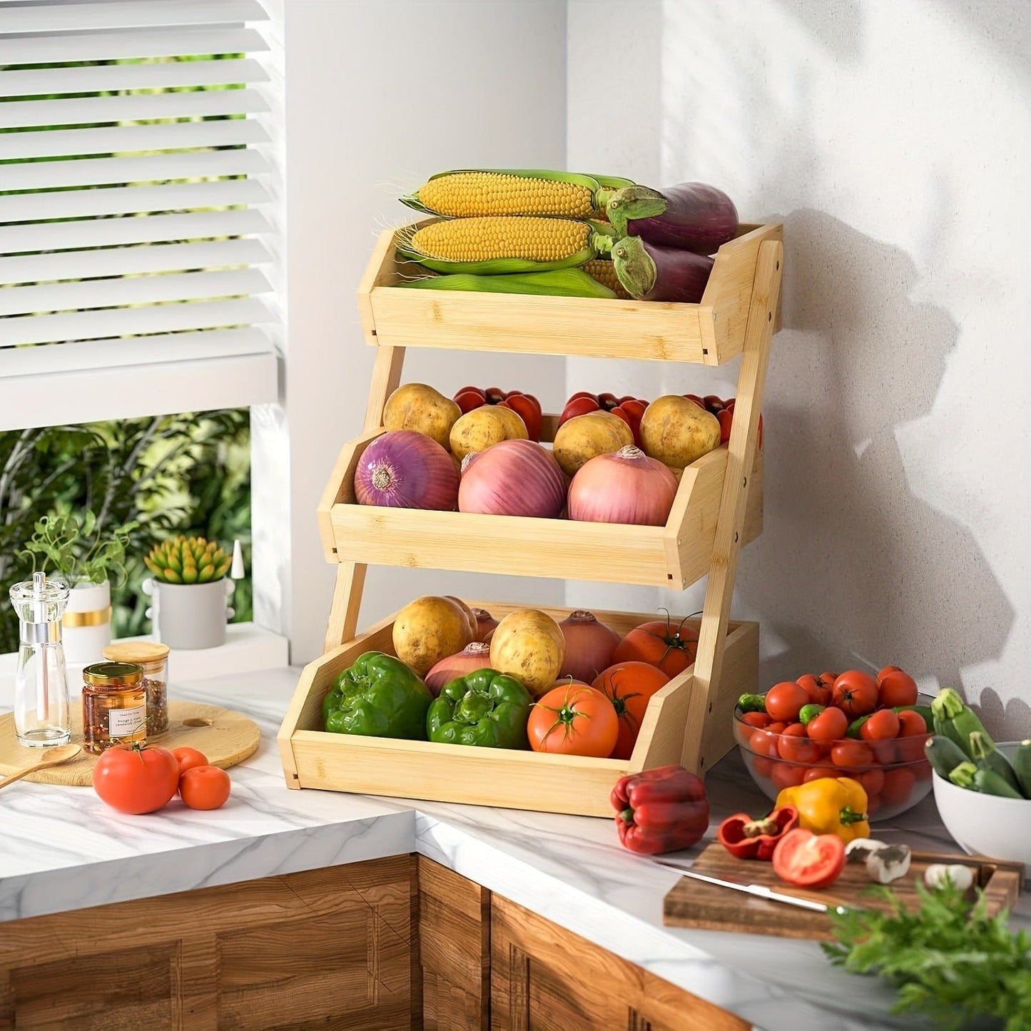 Fruit Basket Stand 2 & 3 Tier Wooden Countertop Organizer Large Capacity Kitchen Storage for Fruits Vegetables Bread Produce with Banana