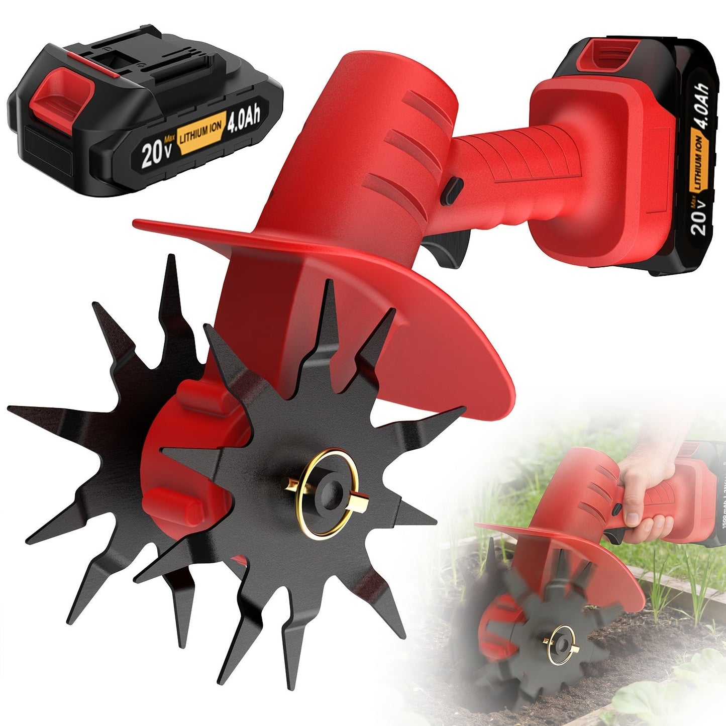 Electric Tiller Cultivator Cordless 20V Battery Powered - 8.6 Inch Tilling Width, Adjustable Handle
