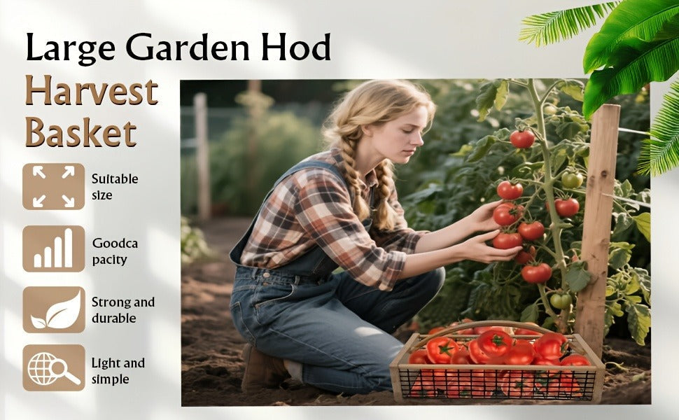 Garden Harvest Basket Metal Mesh with Wooden Handle – Rectangle Vegetable Fruit Picking Basket for Garden, Kitchen & Farmhouse Storage