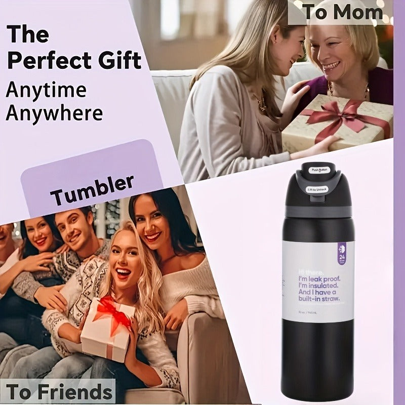 32oz Stainless Steel Water Bottle with Flip-Up Drinking Spout, Cleaning Brush and Five Solid Colors