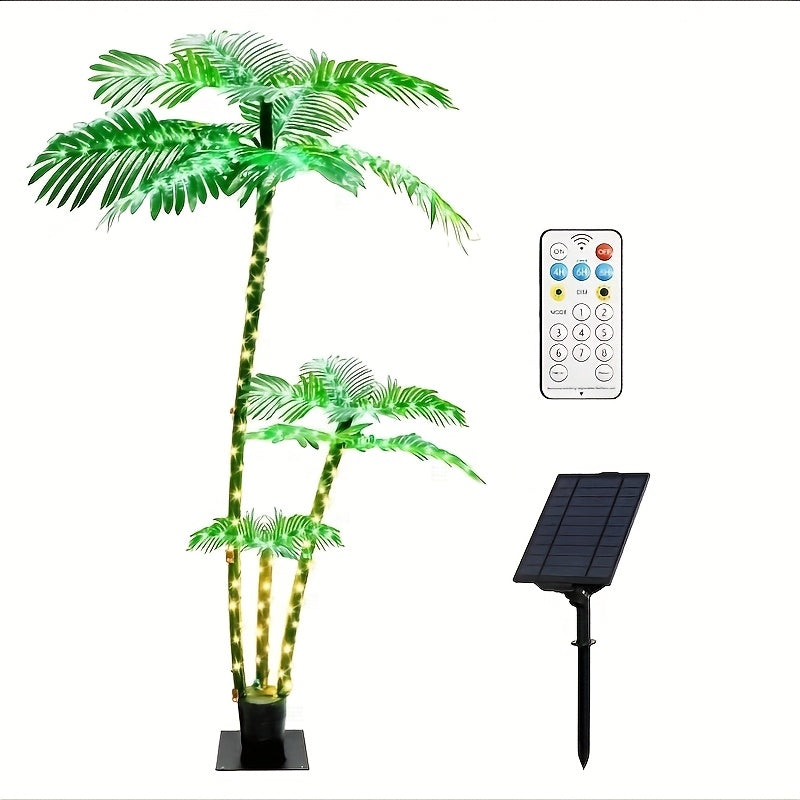 Solar Powered Artificial Palm Tree 7ft Triple Trunk 260 LED Lights 8 Modes Dimmable Timer for Entryways, Bedrooms and Living Spaces