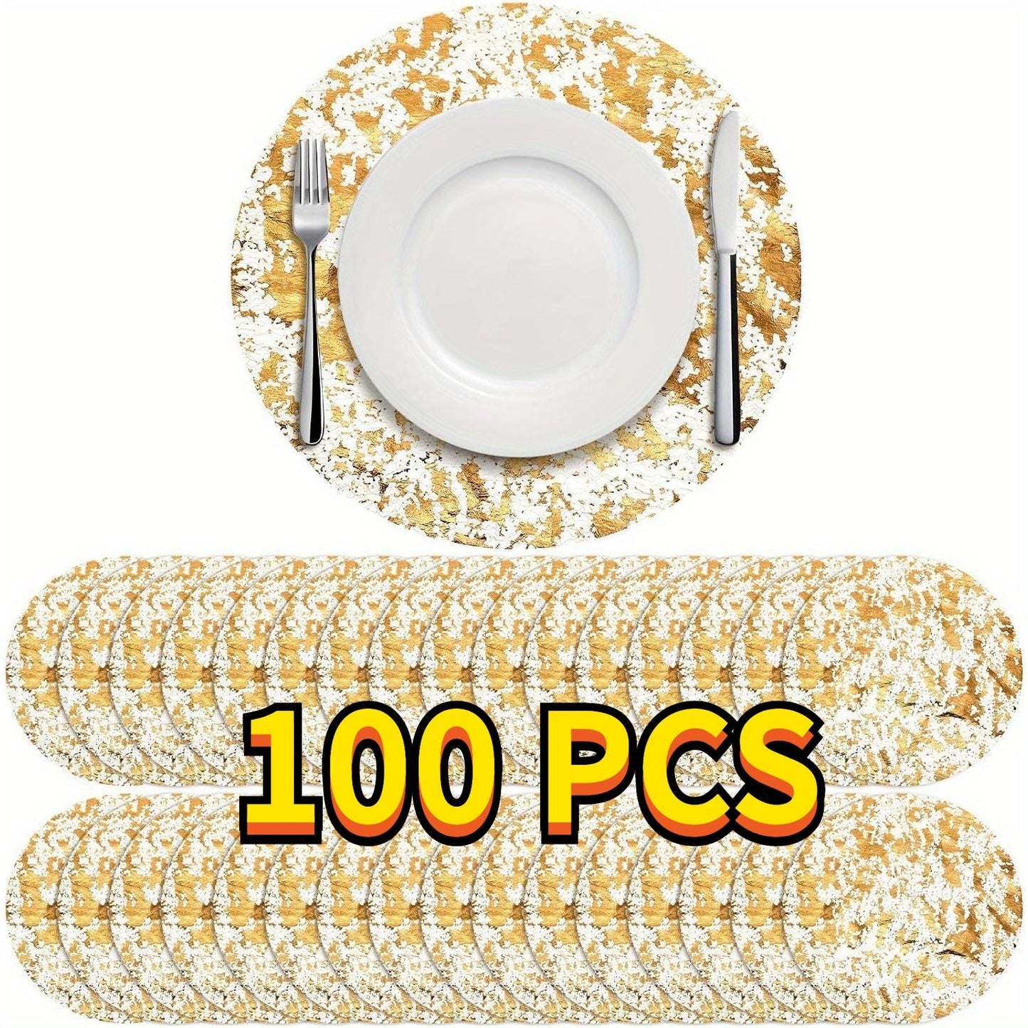 Golden Foil Round Placemats Disposable Table Doilies 50/100pcs – Elegant Mesh Table Pad for Dining, Party & Home Decor