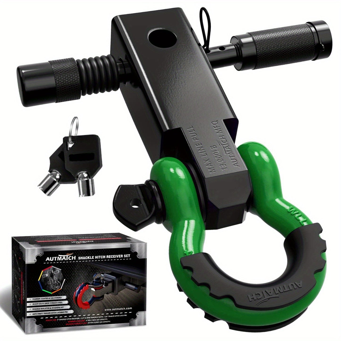 Shackle Hitch Receiver Kit 2 Inch – 45, 000 lbs Break Strength, Drop-Forged Steel, Lock Pin & D-Ring, Fits Truck RV ATV Boat, 8 Colors
