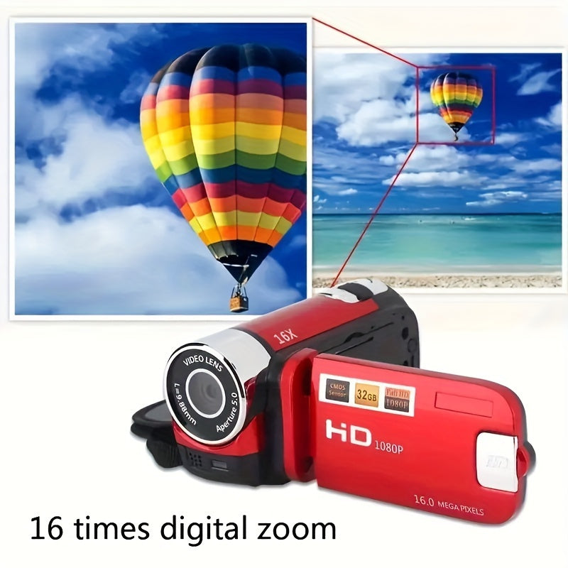 Digital Camera with Flip Screen, Camcorder with 1080P Video, 16MP Capture Marking, 16X Digital Zoom, 270° Flip Screen and 32GB Card