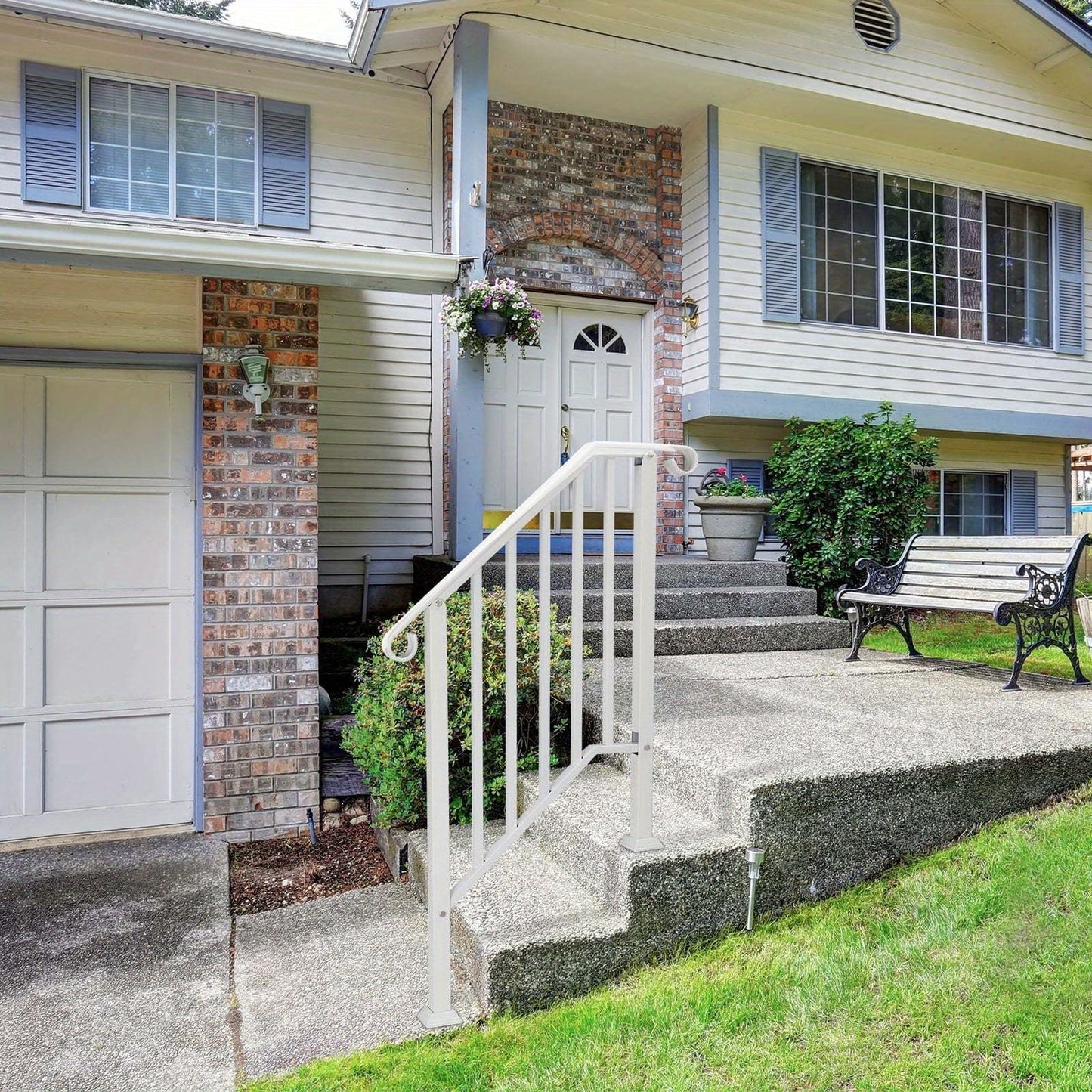 Wrought Iron Stair Handrail for 2-3 Steps - Matte Black & White Powder Coated Iron Picket Railing with Stainless Steel Post Mounts