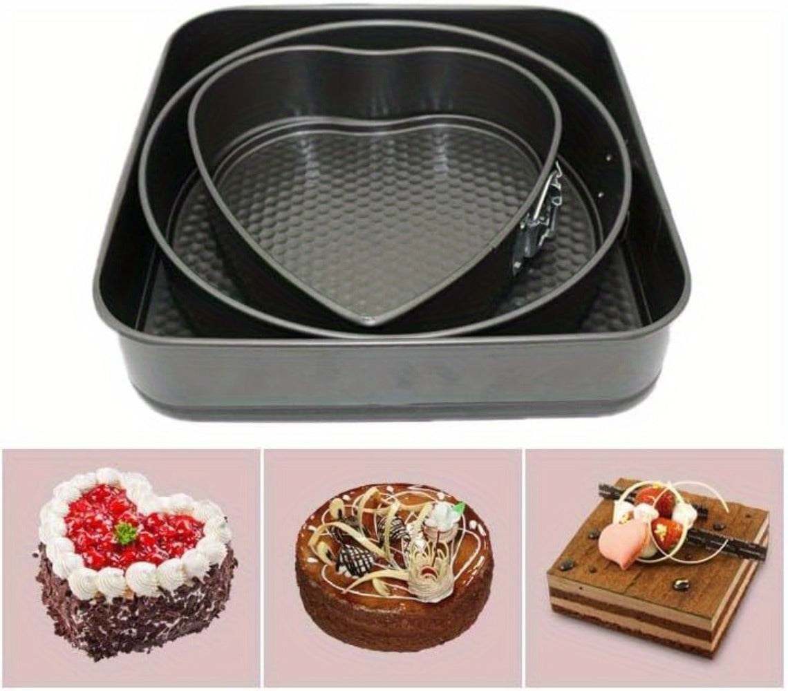 Cake Pan Set 6-Piece with Removable Bottom, Carbon Steel Nonstick Baking Molds in 3 Shapes Square Round Heart