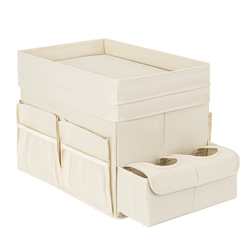 Seat-Top Car Organizer Box with Open Tray, Cup Recesses, Side Pockets and Four Size-Color Options