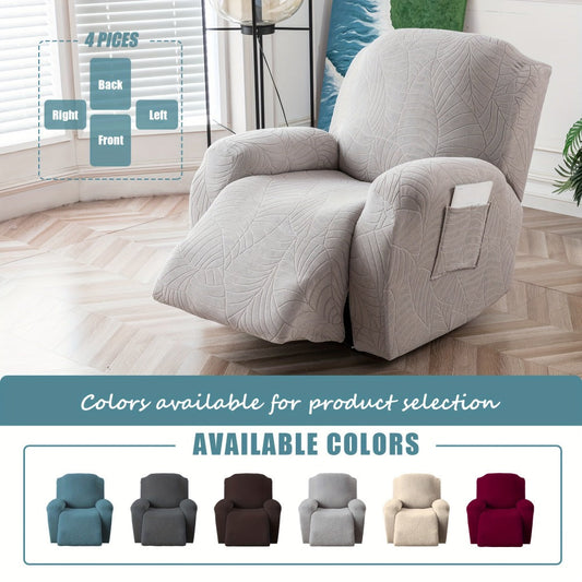 Recliner Chair Cover Slipcover 4-Piece Set – Leaf Jacquard Stretch Furniture Protector with Storage Pocket