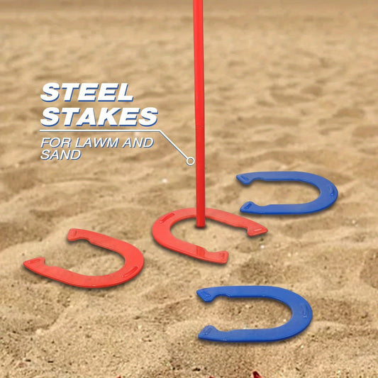 Horseshoes Game Set Heavy Duty – 4 Forged Steel Horse Shoes & 2 Stakes, 1.2lb Each, Red & Blue – Outdoor Lawn Game for Adults & Family