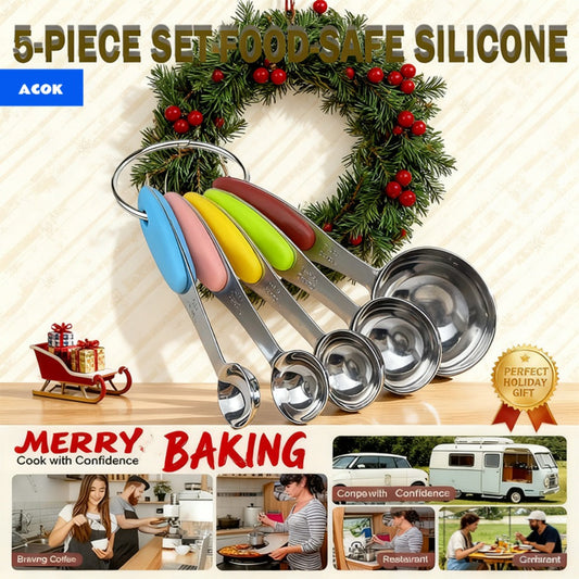 Measuring Cups and Spoons Set 10-Piece Stainless Steel with Silicone Handle, Precise Baking & Cooking Measurement Tools