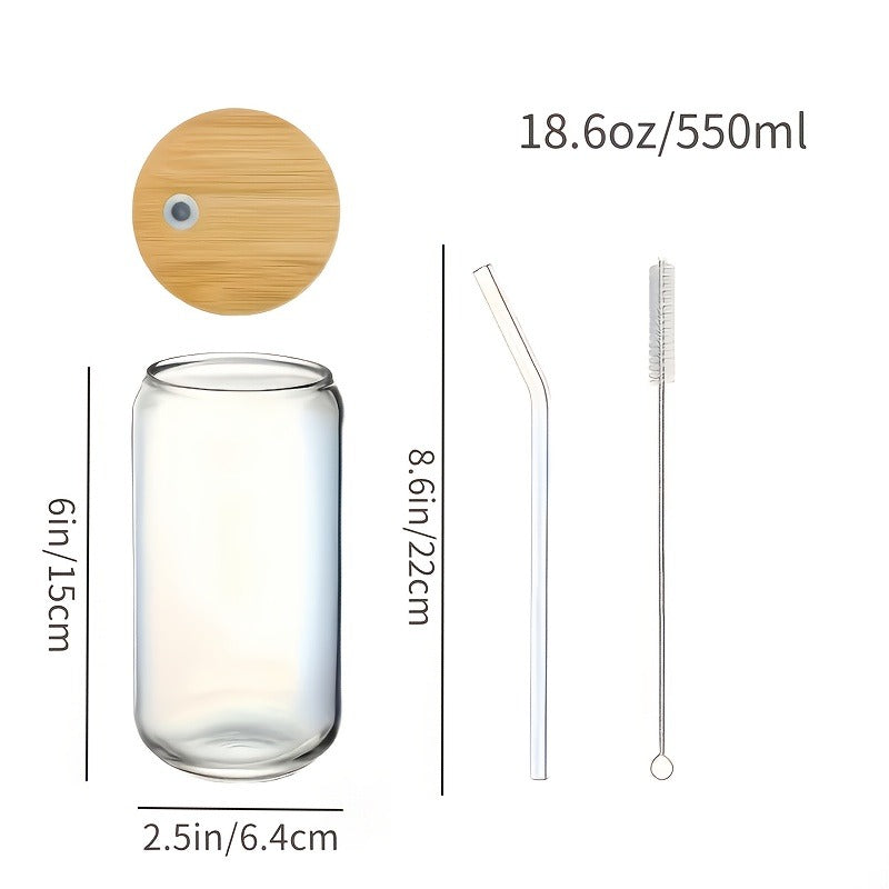 Drinking Glasses Set with Lid and Straw 550ml Oval Glass Cups 4 or 6 Piece, for Home Cooking, Dining and Outdoor Meals