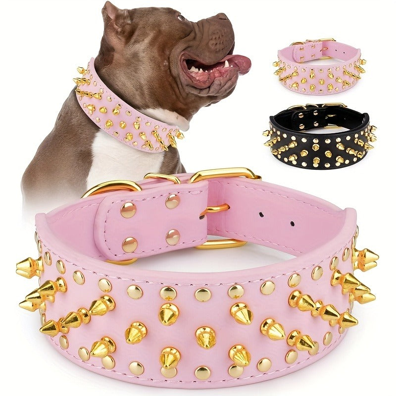 Wide Studded Dog Collar with Faux-Leather Band, Metal Spikes and Rivets in Six Colors, Sizes M and L
