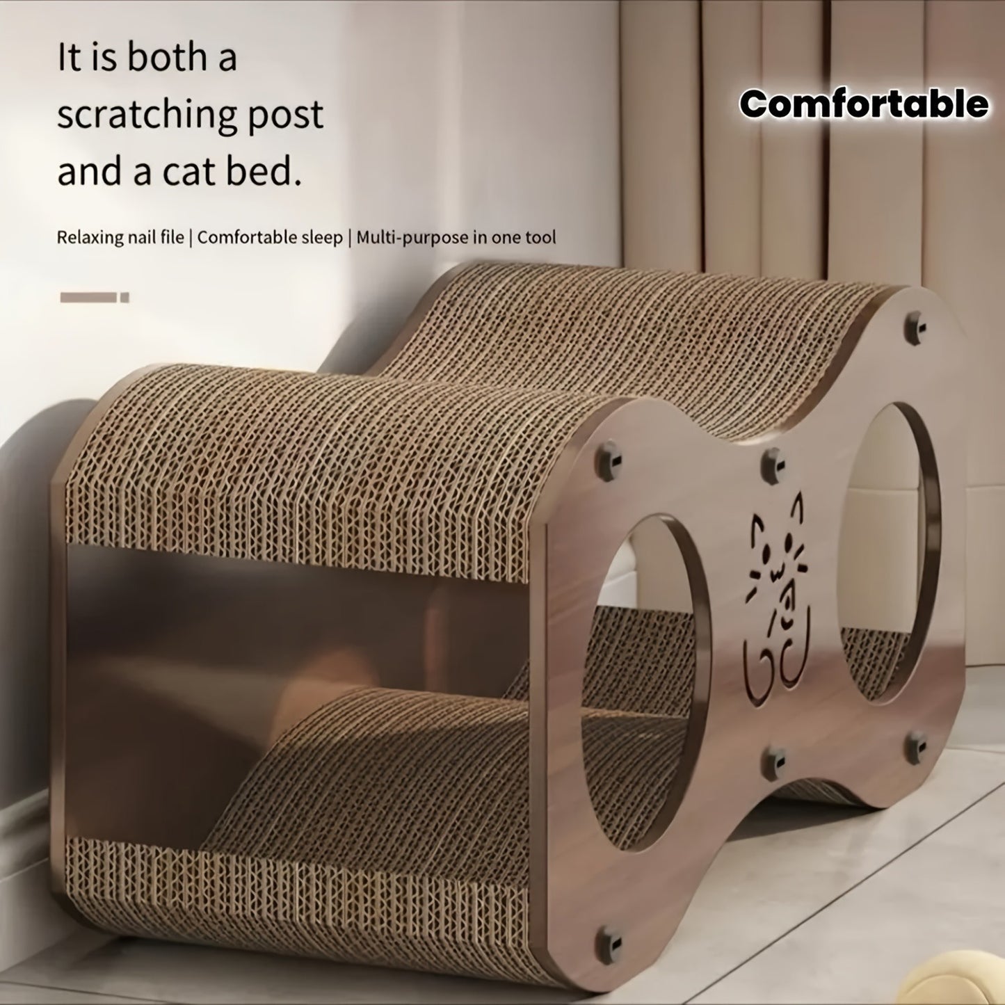 Cat Scratching Post with Integrated Cat Bed – Sturdy Walnut Wood Base, 4-Season Woven Scratch Pad, Indoor Cat Scratcher Lounge