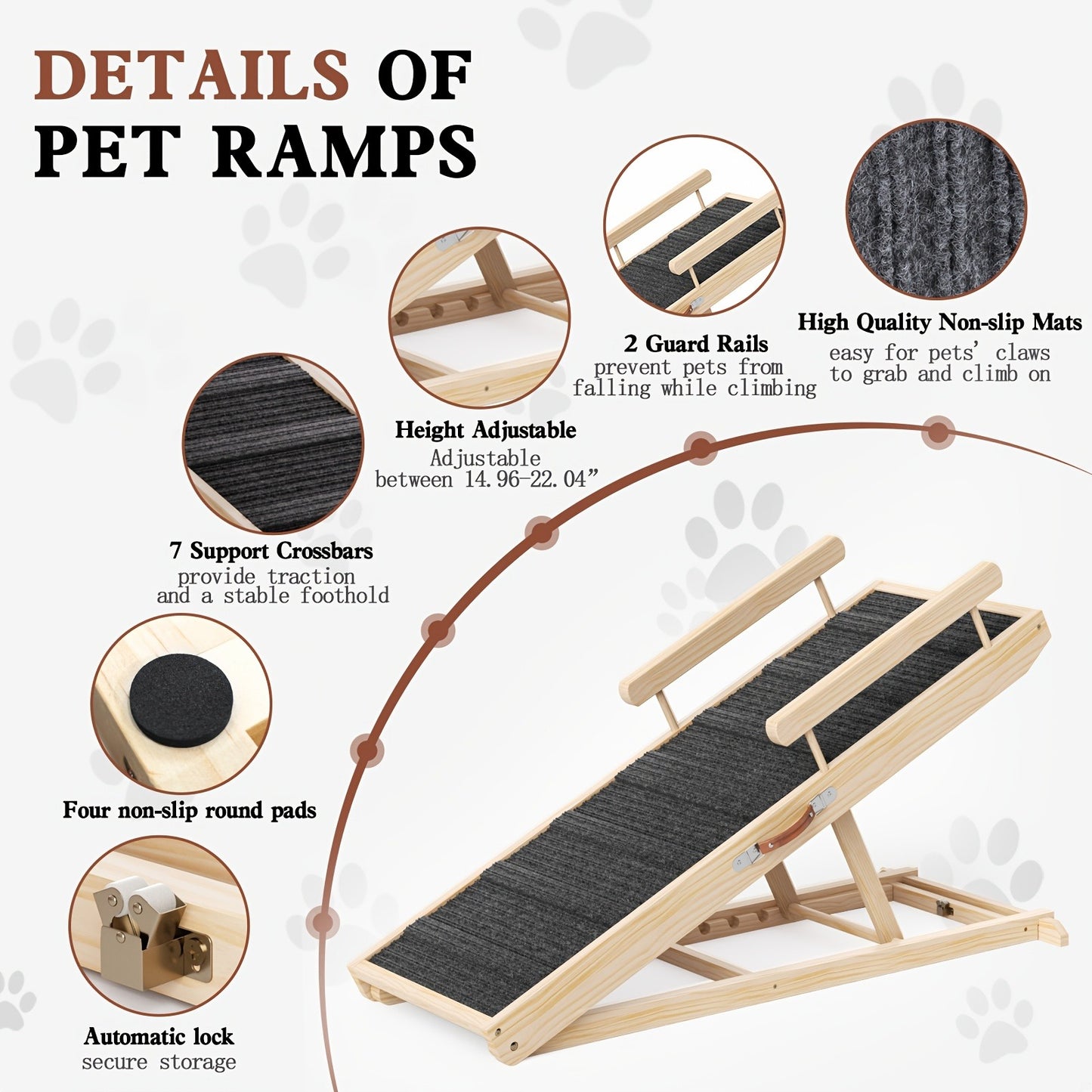 Dog Ramp for Bed & Sofa – Foldable Wooden Pet Ramp with Safety Guards, Adjustable Height, Holds 250 lbs, Indoor Outdoor Dog Steps