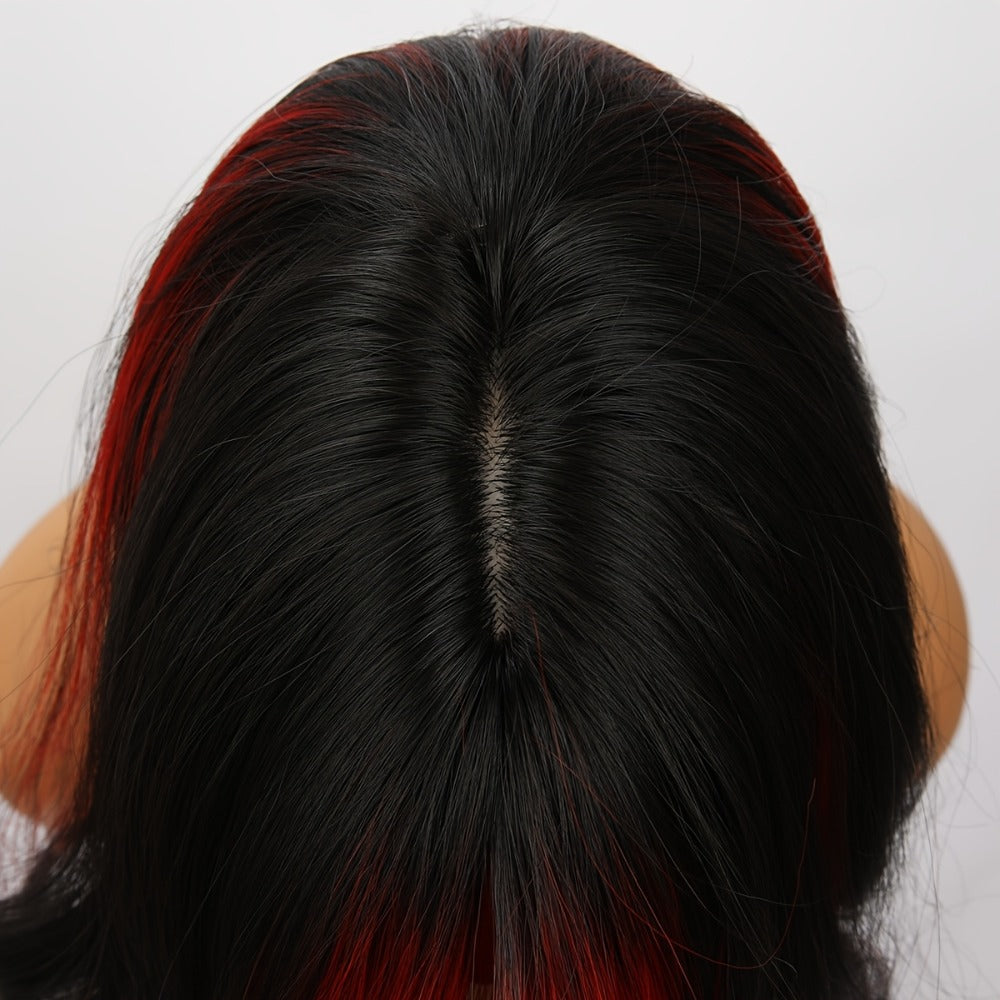 Synthetic Wig 24-Inch Straight Style with Red Highlights, A-Shape Bangs and Adjustable Rose Net Cap