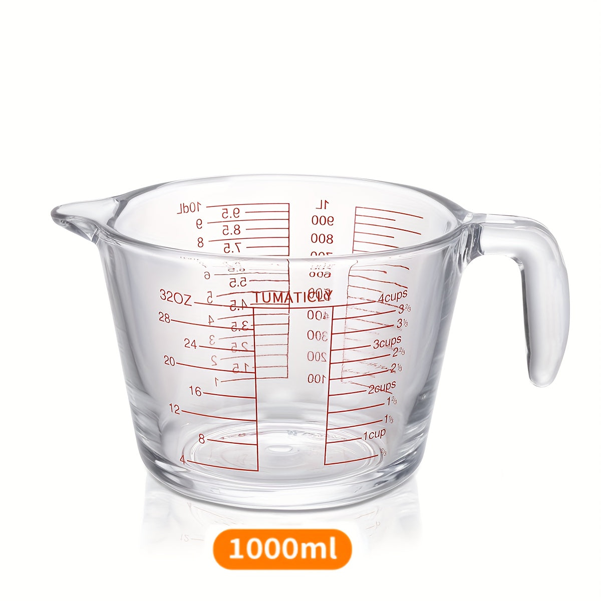 Clear Glass Measuring Cup Set with Pour Spouts, Handles, Red Graduations and One- or Three-Piece Options
