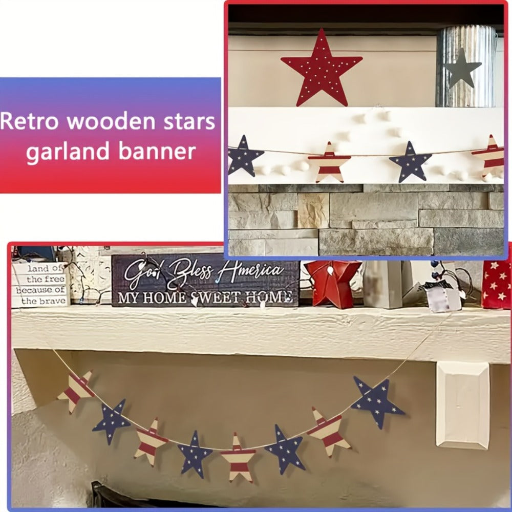 Patriotic Wooden Wreath 4th of July, Red White & Blue Rustic Stars & Flags Decor for Independence Day