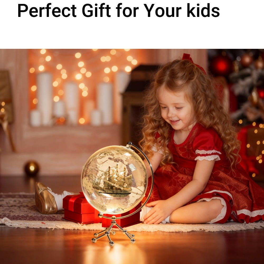 LED Lighted Globe for Kids & Adults 7.87 Inch Clear Acrylic Earth Globe Warm White Light Metal Stand Detailed World Map | Desktop Bookshelf