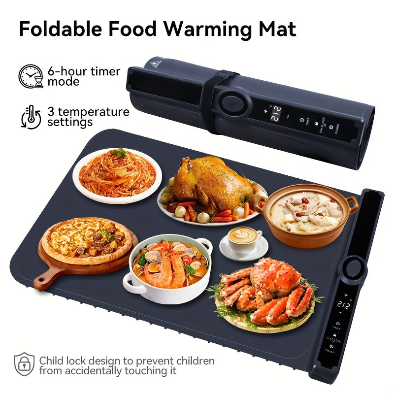 Electric Food Warming Pad Silicone 3 Temperature Levels Timer Foldable Full Surface Rapid for Home Cooking, Dining and Outdoor Meals