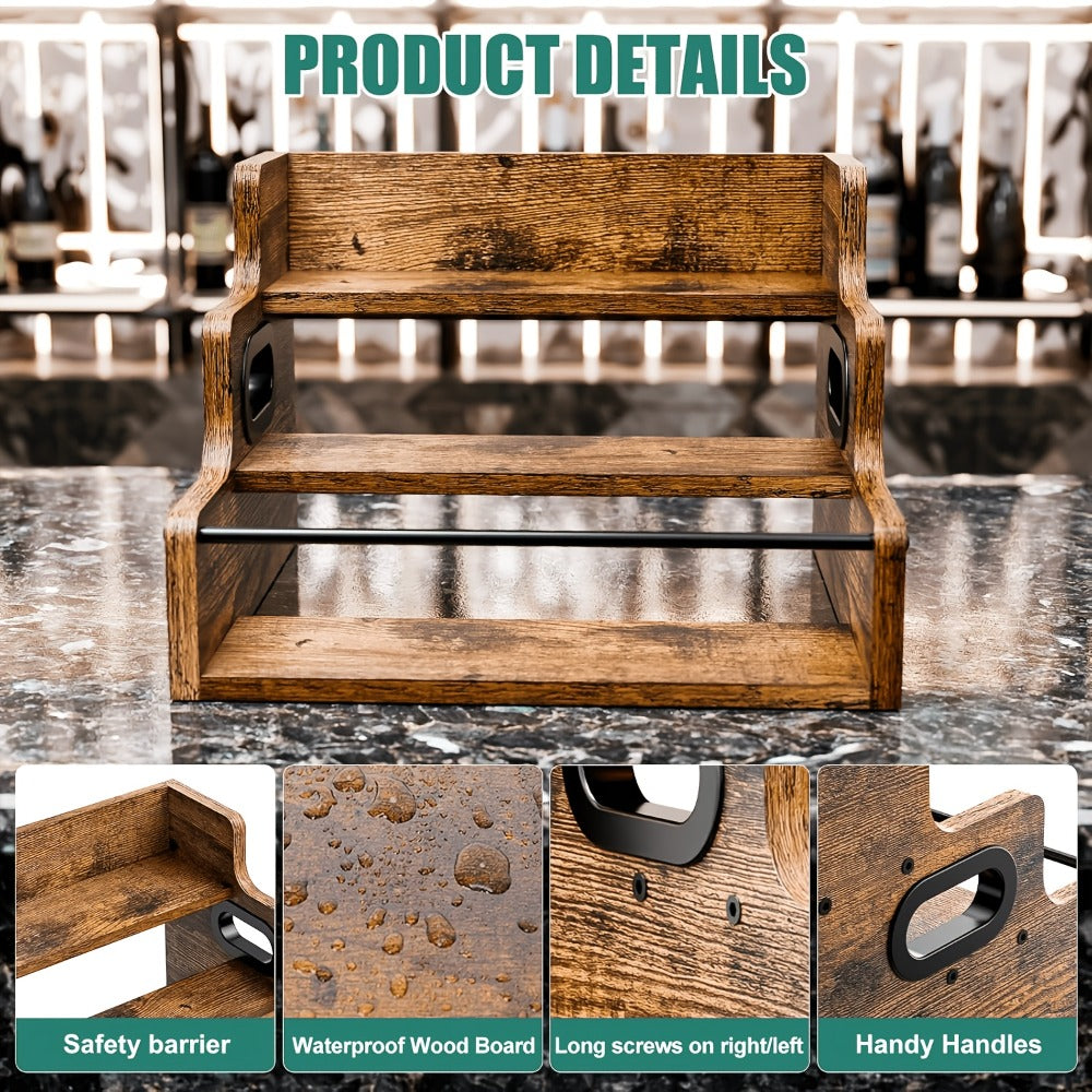 Wood Wine Rack 3 Tier Countertop Liquor Bottle Display Shelf | Solid Wood Bar Organizer for Whiskey Spirits Coffee Syrup Spices | Retro Mini
