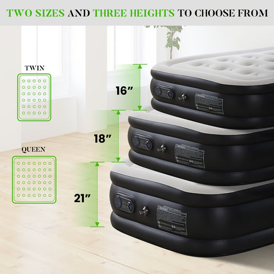 Inflatable Air Mattress with Built-In Pump 16"/18"/21" Thick – 660 LBS Capacity Double Height Blow-Up Airbed with Non-Slip Bottom