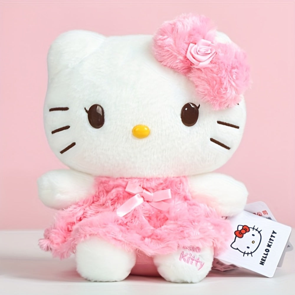 Plush Toy Bow-Wearing Cat Doll in 10-Inch Pink Rose Dress with Soft Fabric and One-Piece Option