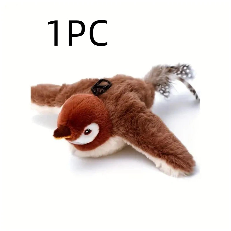 Flying Sparrow Cat Toy with Flapping Wings & Chirping Sound – USB Rechargeable Plush Bird Cat Toy, Touch-Start Interactive Feather Toy