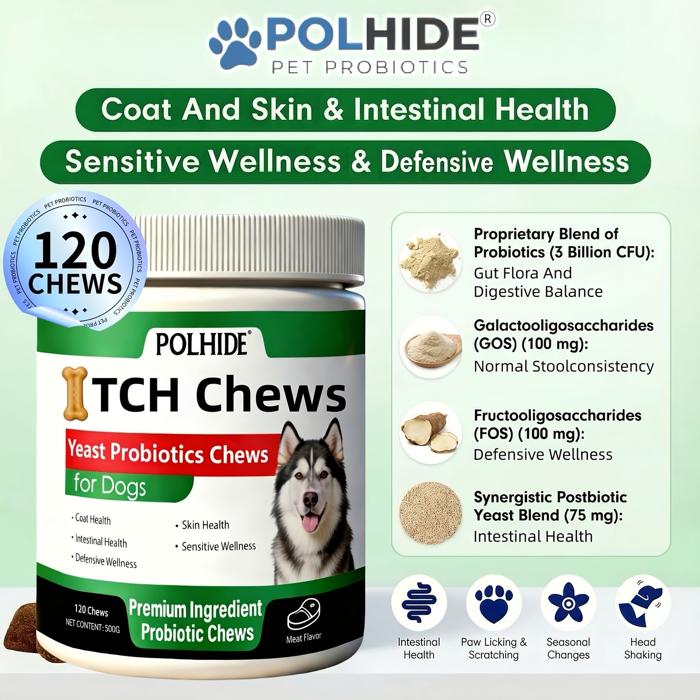 Dog Probiotic Chews 120 Count Heart-Shaped Soft Chews with Yeast & Meat Flavor | Supports Gut Health Coat & Immunity | All Breeds All Ages |