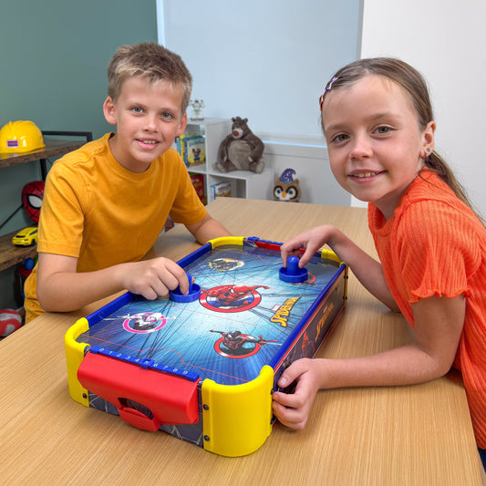 Spider-Man Tabletop Air Hockey Table Officially Licensed Marvel, Wood Electric Air Hockey Game for Kids Ages 5+