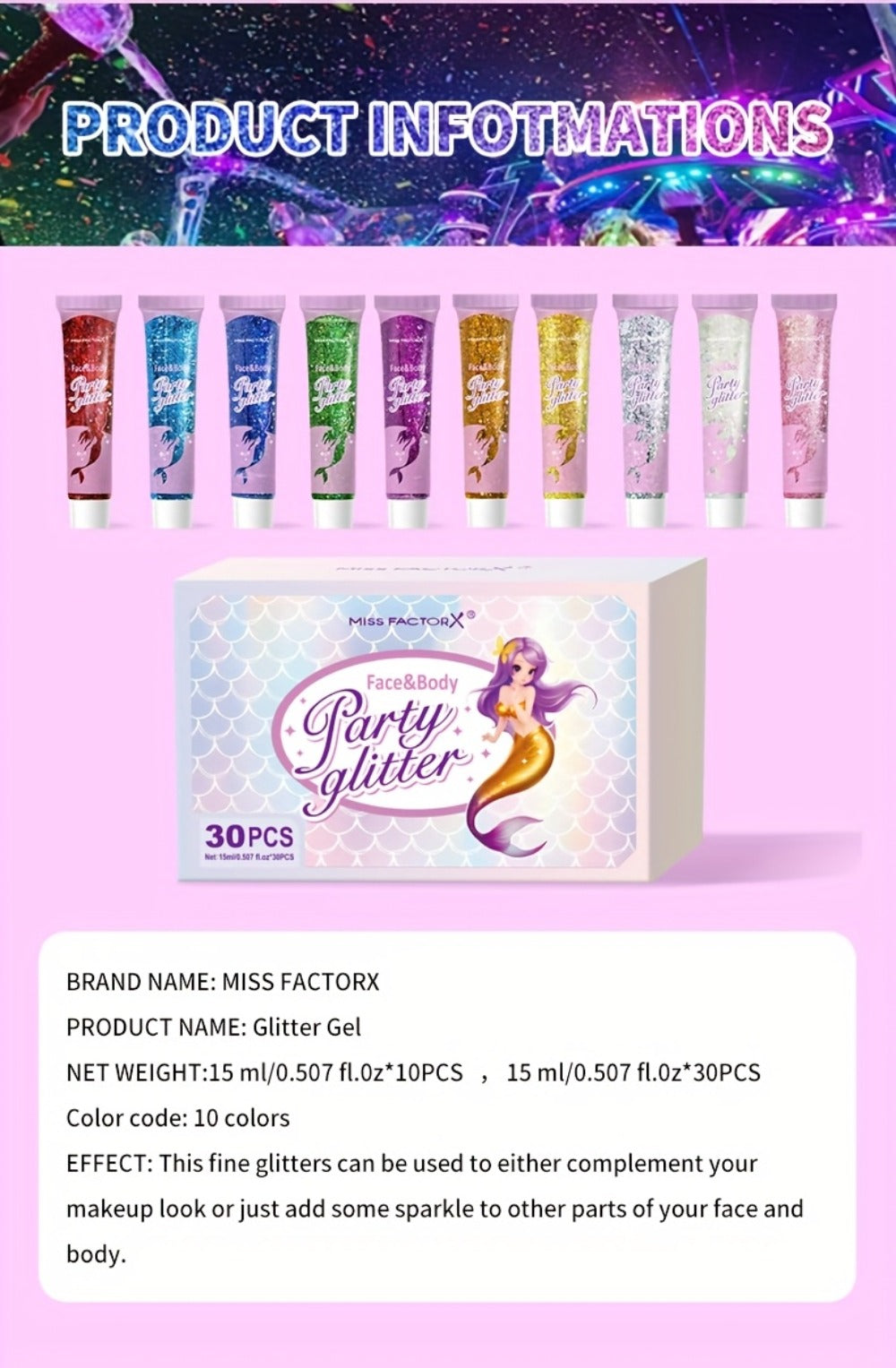 Face Body Glitter Gel Set 30 Pieces – Colorful Shapes Mermaid Sequin Stars Hearts, Transparent Gel Base, Skin-Safe Shimmer Makeup