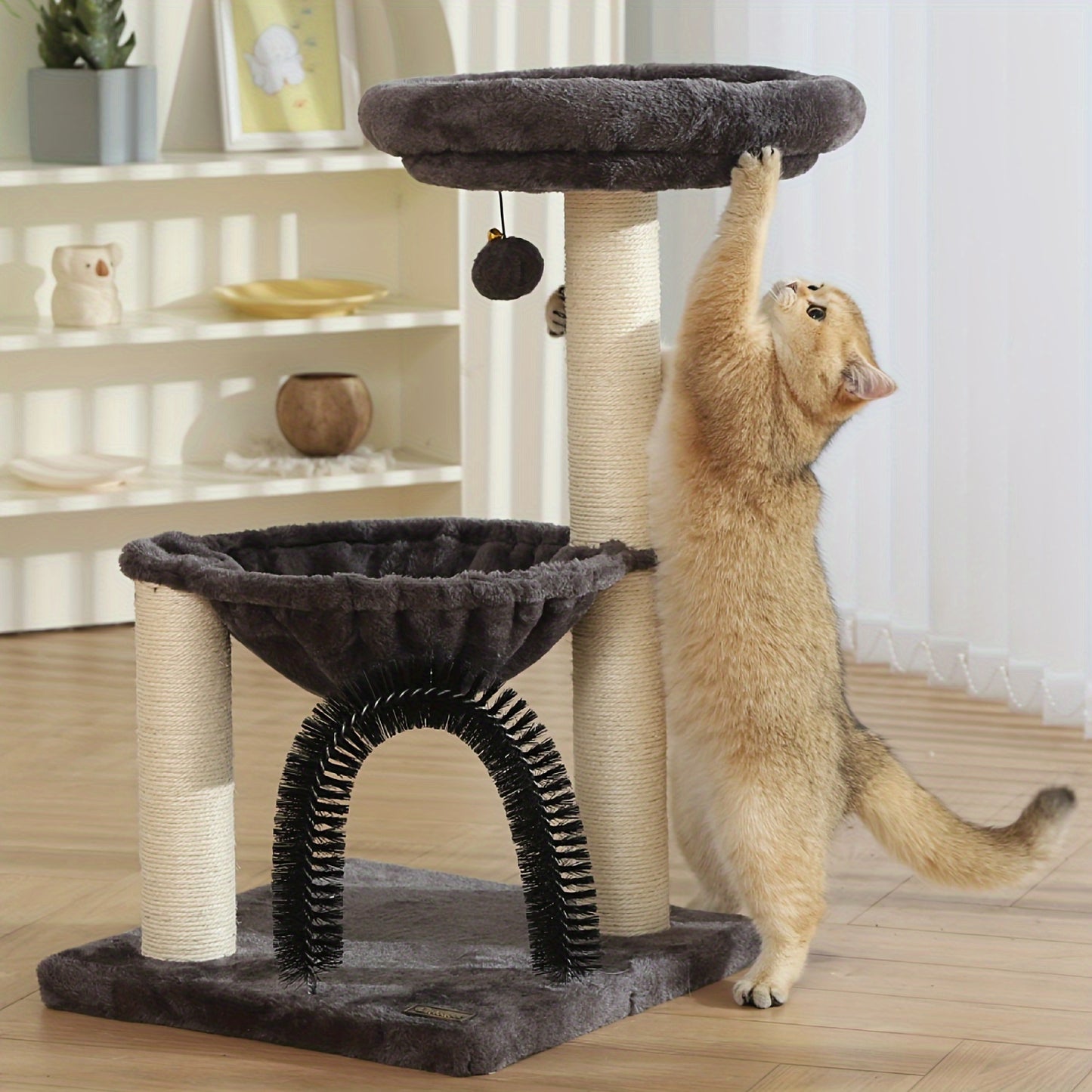 Cat Tree Tower 27.8 Inch Multi-Level – FluffyDream Indoor Cat Tree with Scratching Posts, Plush Basket, Top Perch & Dangling Ball