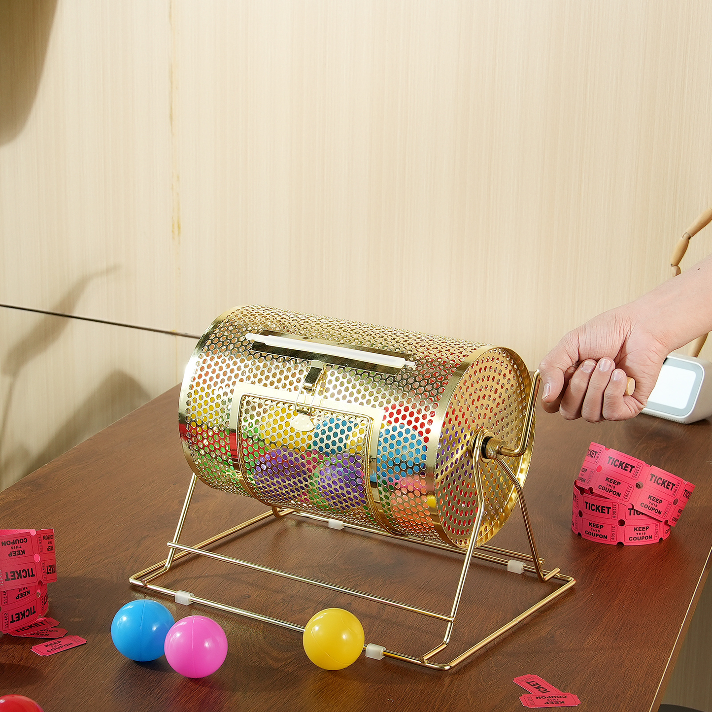 Raffle Drum Spinning Cage 12 Inch – Brass Plated Metal Lottery Ticket Drum with Wooden Handle, Holds 2500 Tickets or 100 Ping Pong Balls