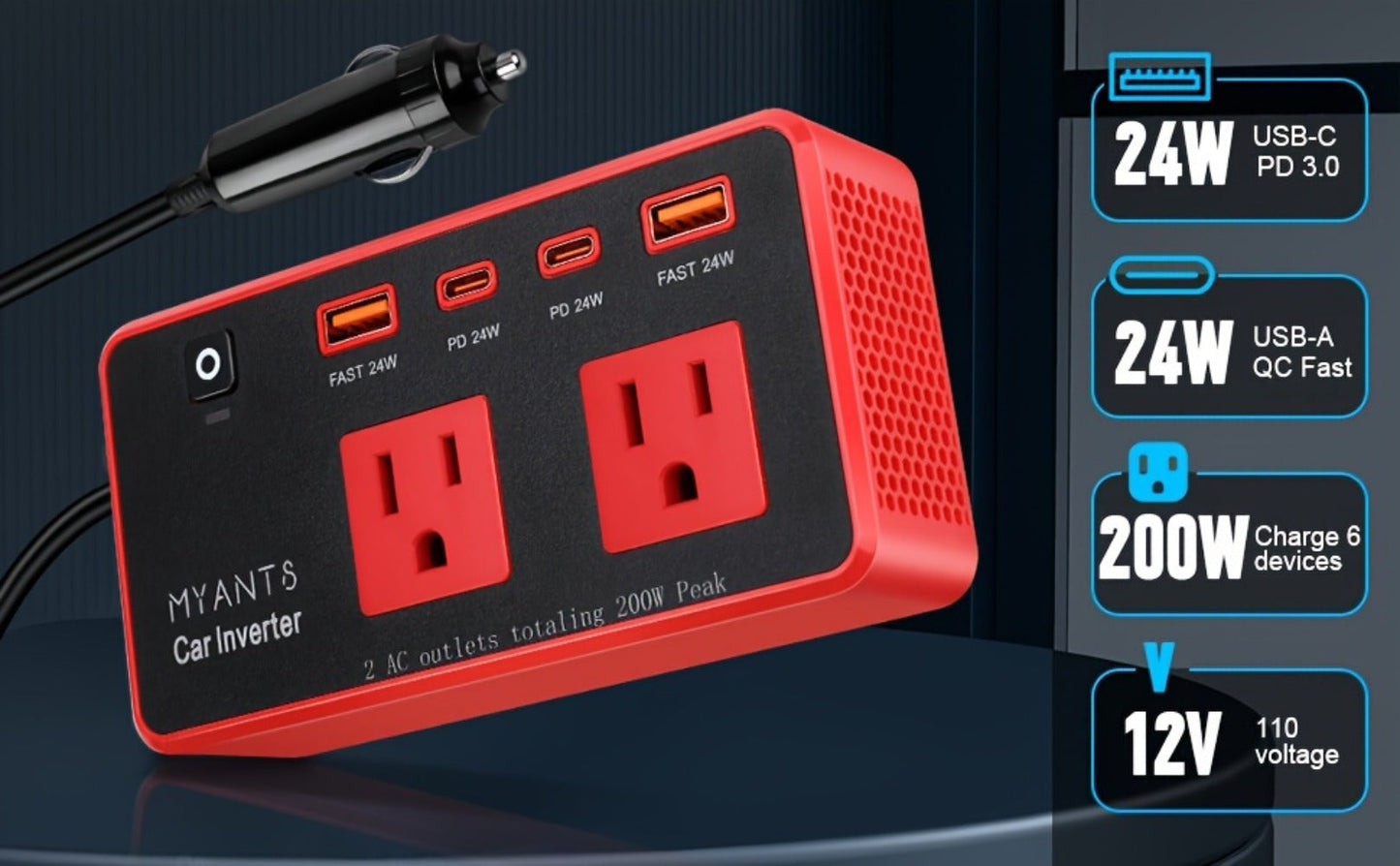 Car Power Inverter 200W – 12V DC to 110V AC, 4 USB Ports (PD & QC 3.0), Fast Charging Car Outlet Adapter for Road Trips