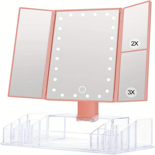 Makeup Mirror Tri-Fold Vanity with 24 LEDs, 1X 2X and 3X Panels, Touch Dimming, Storage Base and Dual Power