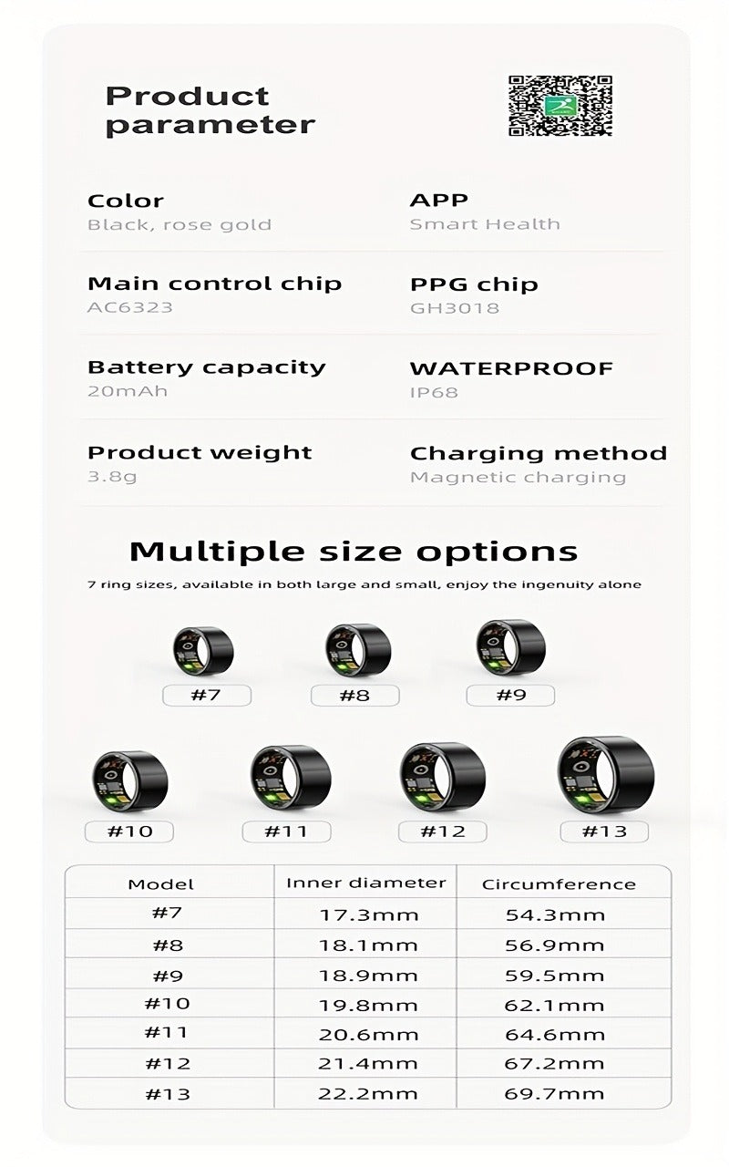 Smart Ring Activity Accessory in Black, Rose Gold or Silver with Seven Diameter-Based Size Options