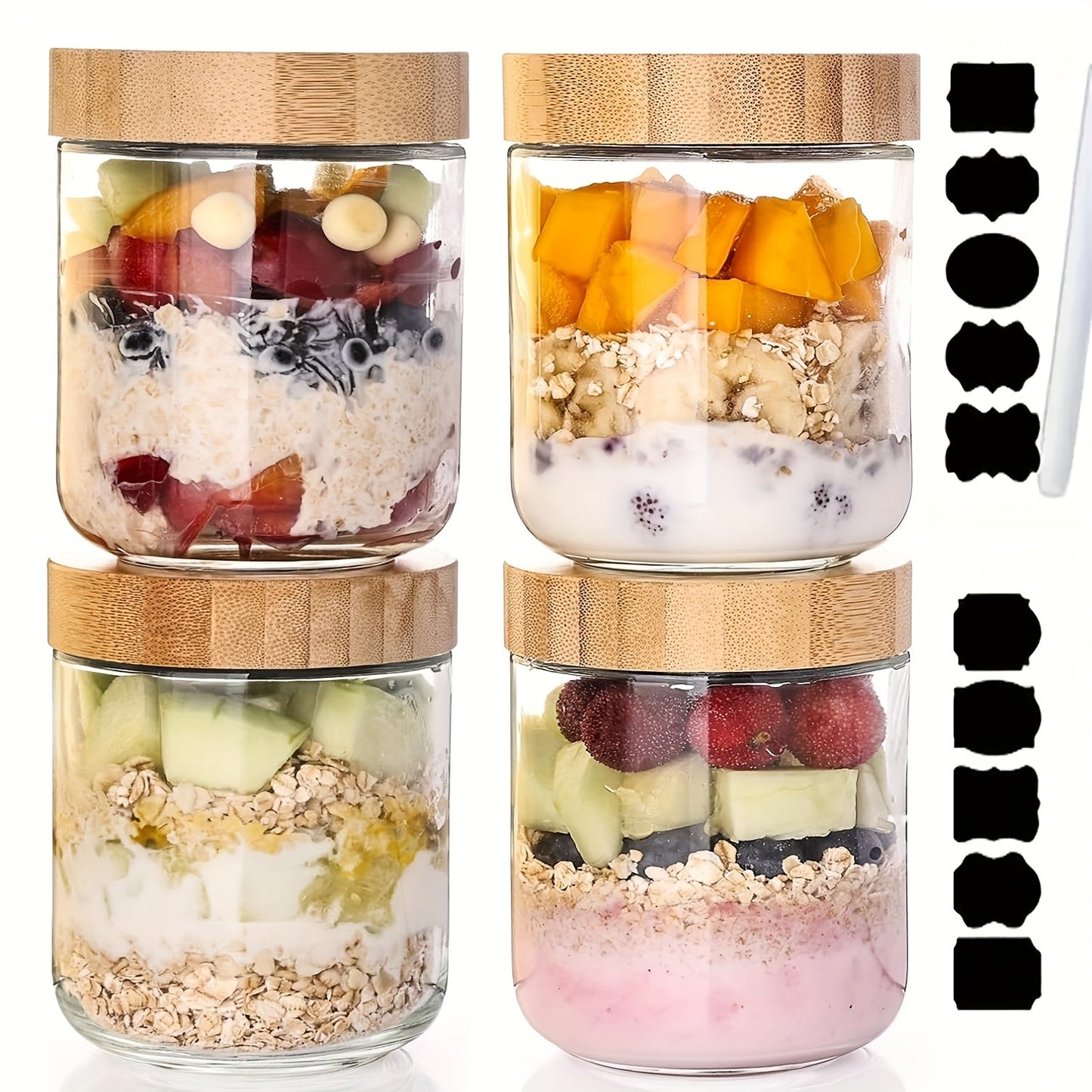 Glass Jar Food Storage Organizer with Bamboo Lids, Wide Mouths, Four-Pack 16oz or Six-Pack Spoon Sets