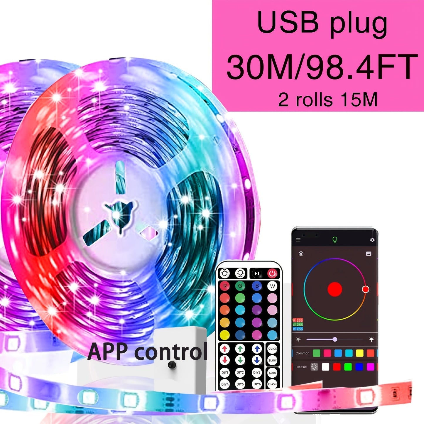 LED Strip Light RGB USB-Powered Room Kit in 16.4ft, 49.2ft or 98.4ft with App and 44-Key Remote
