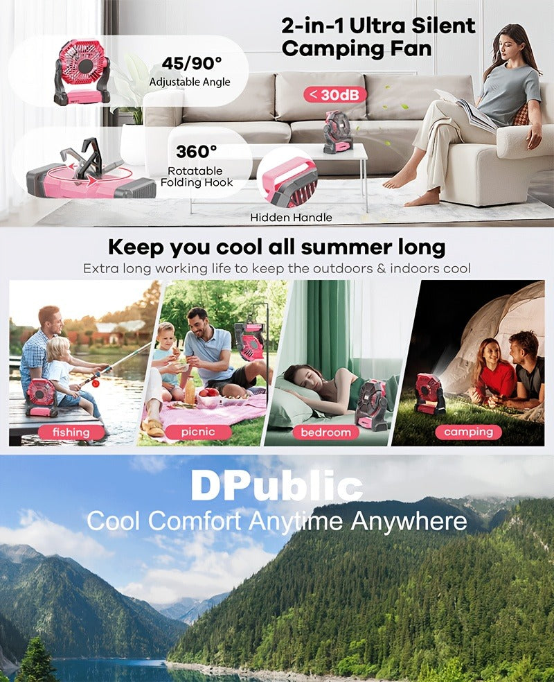 Rechargeable Camping Fan 20000mAh with Misting, Power Bank, RGB Light, 4 Speeds & Tent Hook for Outdoor Use