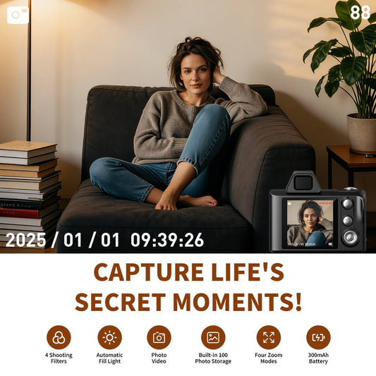 Mini Pocket Camera Retro Vintage Thumb Size with LED Flash, Multiple Filters & 64GB Memory Card
