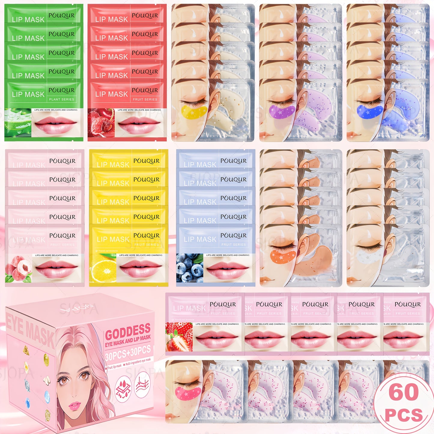 Rose Honey Strawberry Face Mask Set Eye Lip Masks Fruit Extract All Skin Types Skincare Gift Set 32pcs / 60pcs