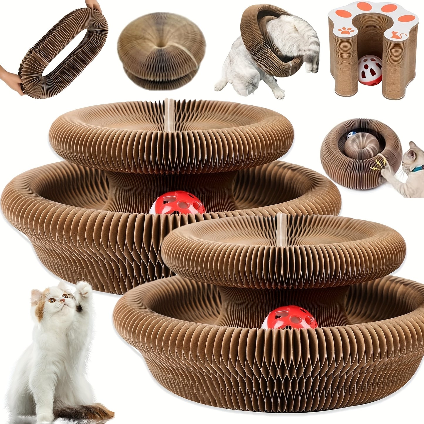 Cat Scratching Board Foldable Organ Design with Circular Ball Track & Bell Balls – Wear-Resistant Thickened Cardboard Scratcher