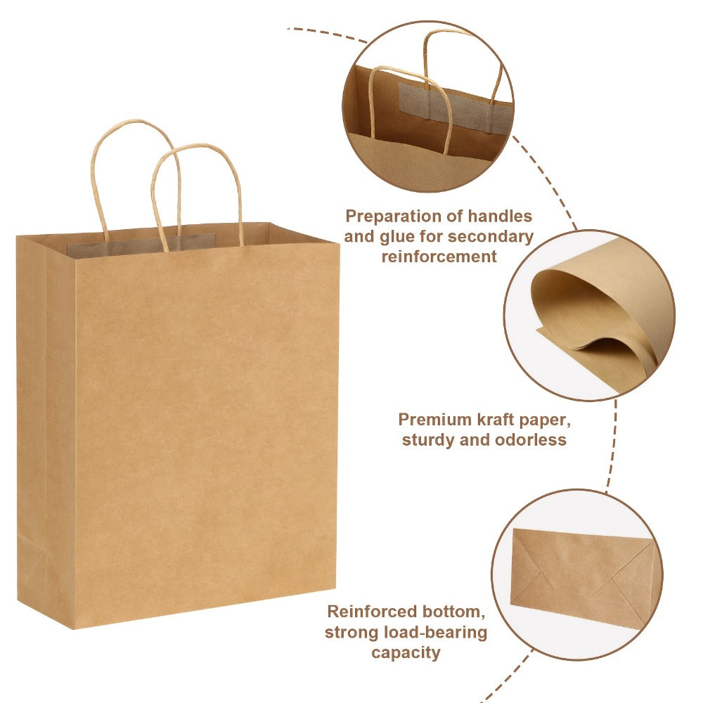 Gift Bag Set Large Brown Kraft Paper, 100 Bags with Twisted Handles, 112G Paper and 10 x 5 x 13 Inch Size