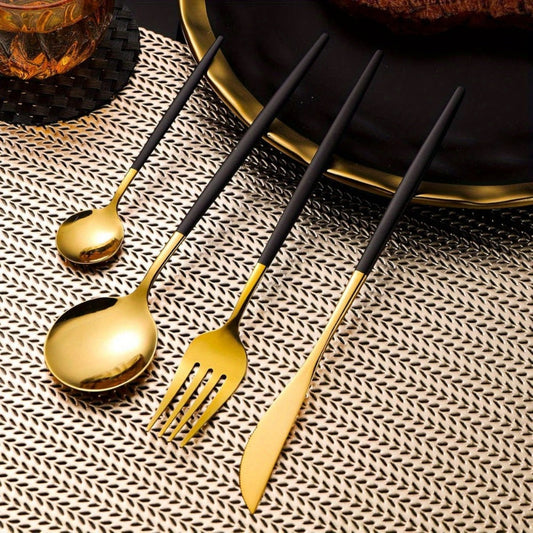 Twenty-Four-Piece Black and Gold Flatware Set for Six with Forks, Knives and Two Spoon Sizes