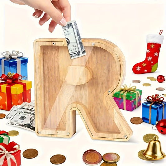Personalized Wooden Piggy Bank for Kids – A-Z Alphabet Letter Initial Coin & Bill Savings Bank for Boys & Girls