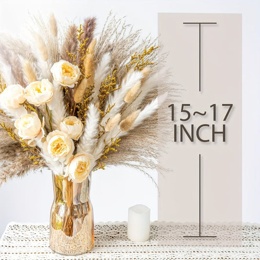Dried Flower Bouquet Pampas Grass with Artificial White Beige Roses 51 91pcs Boho Dried for Entryways, Bedrooms and Living Spaces