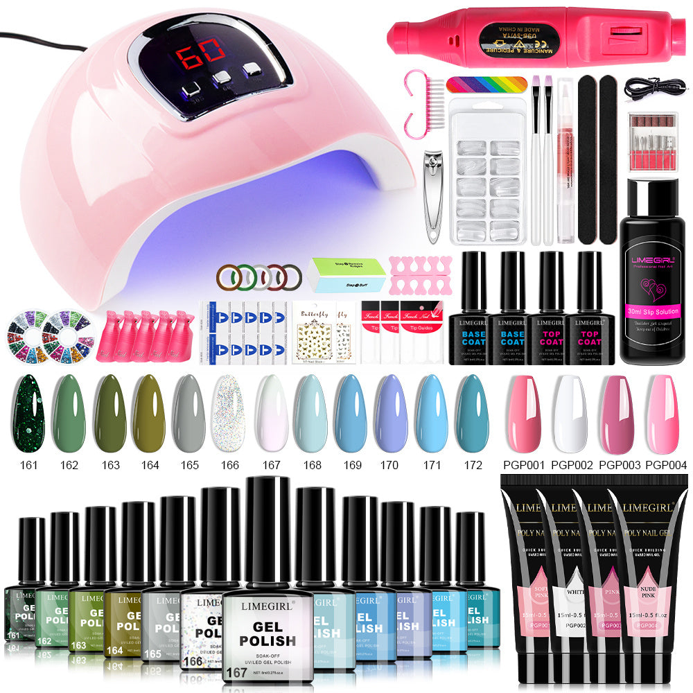 Gel Nail Polish Kit with UV Lamp & Electric Nail Drill – 12 Colors Gel Polish Set, Poly Extension Gel, Top &