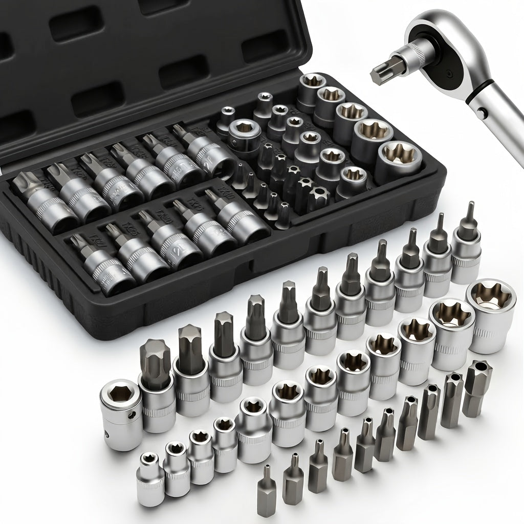 Torx Star Bit Socket Set 34/46-Piece – 3/8" Drive CR-V E-Socket E4-E20, T10-T60, Tamper-Proof TT10-TT55, S2 Steel, 5/16"F to 3/8"M Adapter