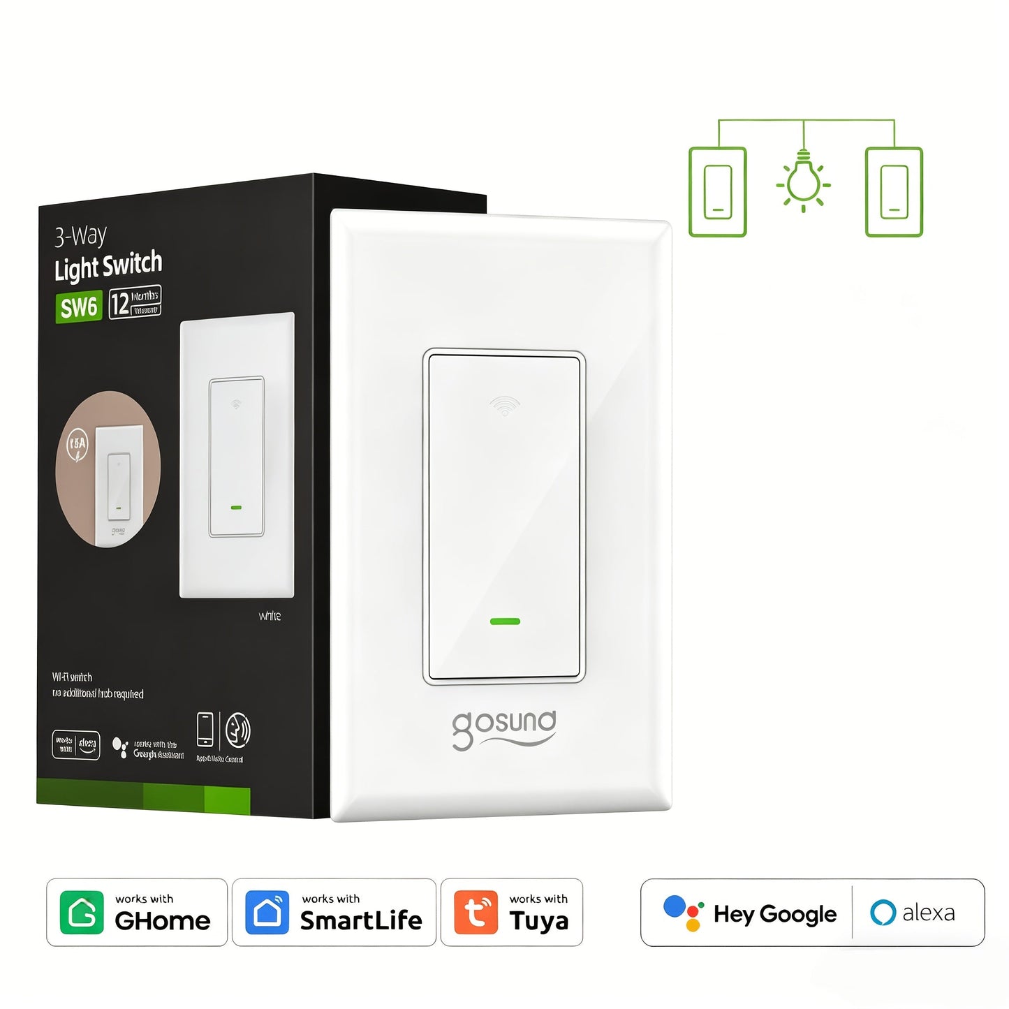 White Single-Pole and 3-Way WiFi Wall Switch in One-, Two- or Four-Piece Packs with App, Voice and Timer Control