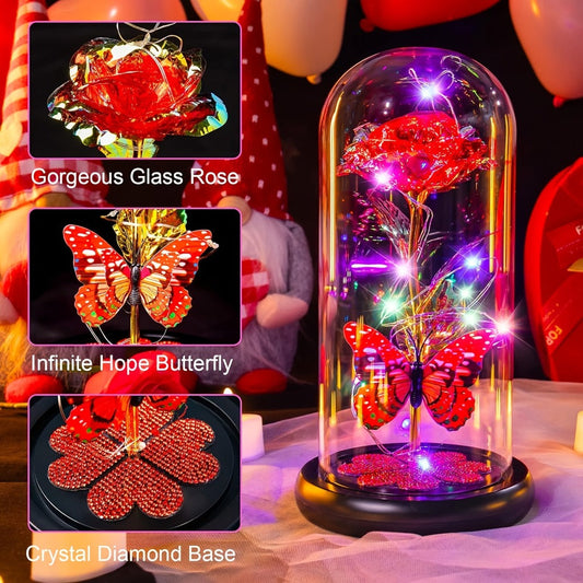 Glass Rose Crystal Flower in Glass Dome with LED Glow - Eternal Galaxy Rose Gift for Women, Mom, Wife