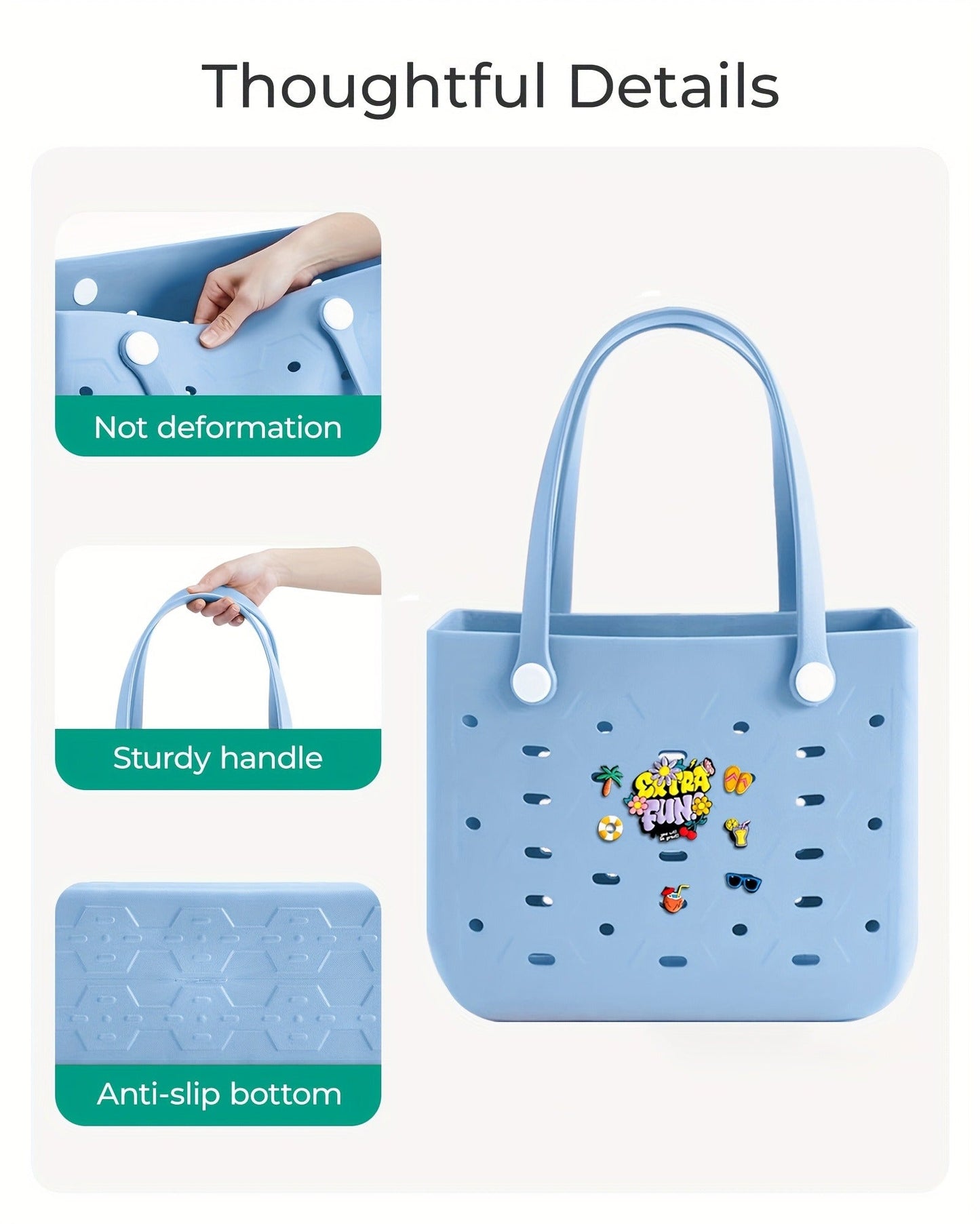 EVA Beach Bag for Women with Drainage Holes Waterproof Tote Bag Summer Outdoor Camping Shopping Travel Bag with Cute Decorations